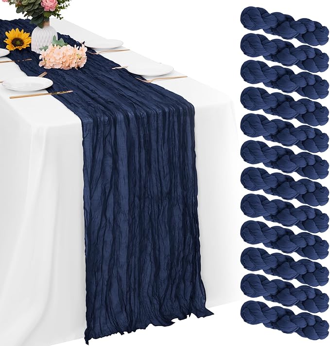 Aktor 12 Pack Navy Blue Table Runner Boho Cheesecloth Table Runner Semi Sheer Gauze Fabric Runners for Wedding Birthday Baby Shower Party Boho Table Decoration（Navy Blue）