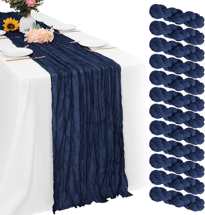 Aktor 12 Pack Navy Blue Table Runner Boho Cheesecloth Table Runner Semi Sheer Gauze Fabric Runners for Wedding Birthday Baby Shower Party Boho Table Decoration（Navy Blue）