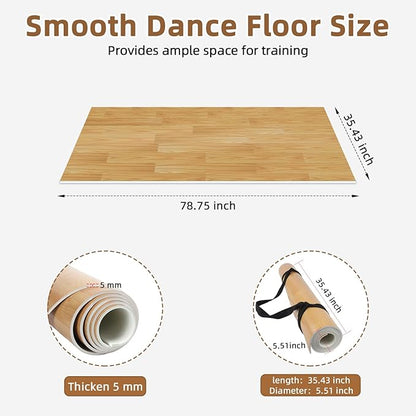 Dance Floor Mat Non-Slip with Shoulder Strap Portable and Dance Resistance Band, Dance Floor for Ballet,Jazz, Pop Thick PVC Practice Floor Reusable Mat (Dark Natural Wood Color, 200cm*90cm*0.5cm)