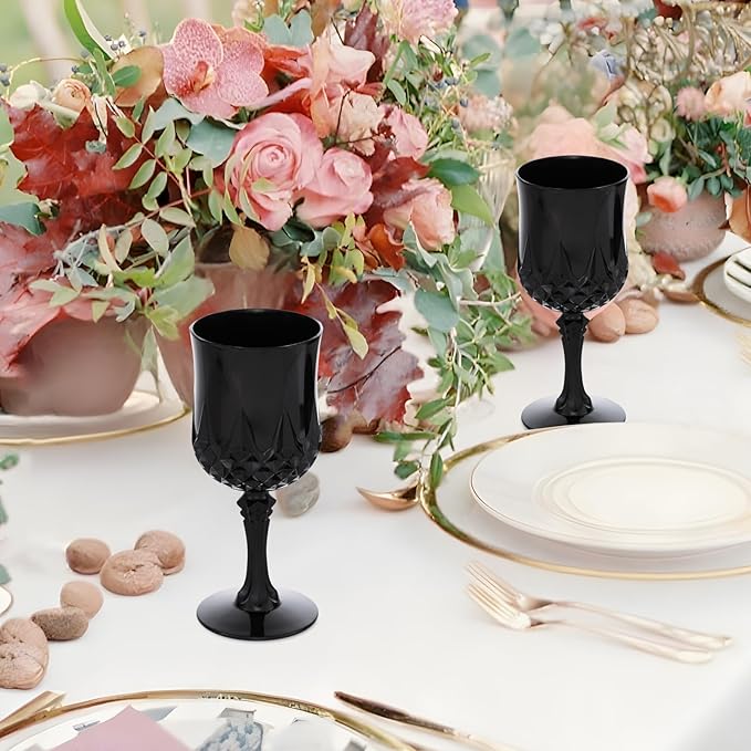 JLYLOL Plastic Vintage Wine Glasses 7OZ Plastic Goblets Vintage Drinking Glasses 48PCS Retro Wedding Glassware Water Goblets Reusable Drinking Cups for Party,Reception,Celebration,Bar,Whiskey(Black)
