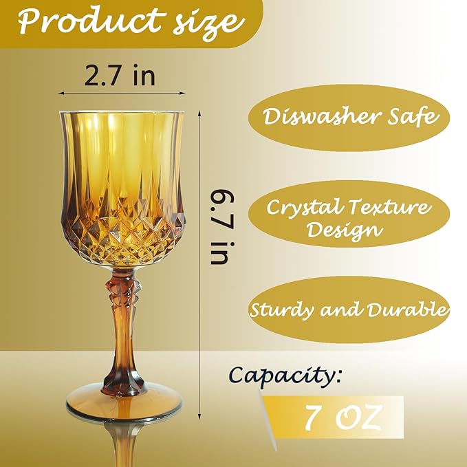 Plastic Wine Glasses，Plastic Goblets Vintage Style Cordial Drinking Glasses for Wedding Reception, Grand Event Party Supplies (24, Amber)
