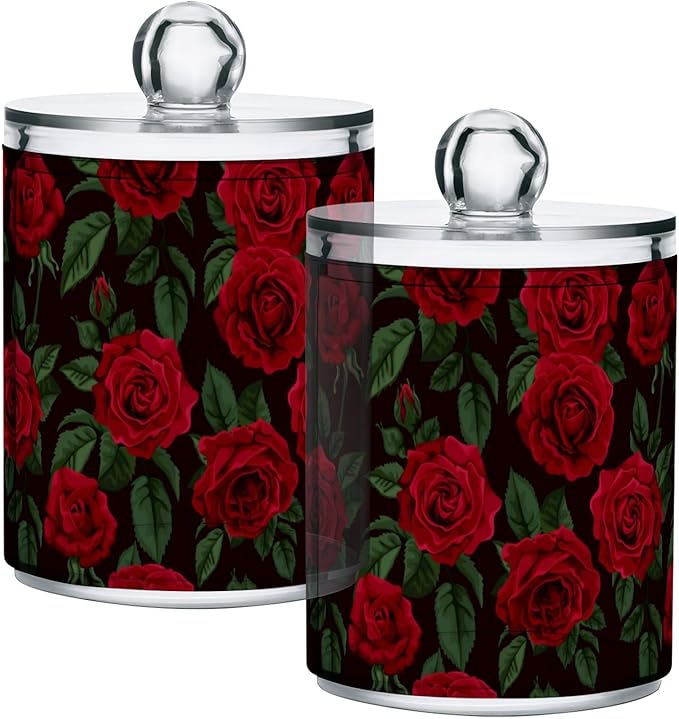 Gredecor Qtip Holder Dispenser 4 Pack Red Rose Flowers Leaves Apothecary Jars with Lids Bathroom Vanity Countertop Canister Storage Organizer for Cotton Ball,Swabs,Pads,Floss