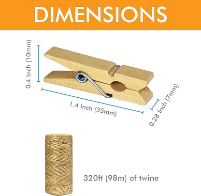 Mini Wooden Clothespins With Jute Twine, 100pcs, 1.4 Inch Photo Paper Peg Pin Craft Clips With 320ft Twine for Scrapbooking, Arts & Crafts, Hanging Photos (Natural Color)