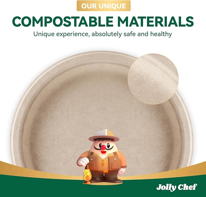 JOLLY CHEF Compostable Heavy Duty Plates 𝟭𝟬 𝗜𝗻𝗰𝗵 [𝟱𝟬𝟬 𝗣𝗮𝗰𝗸] Eco-Friendly Disposable Paper Plates Made of Bagasse Biodegradable Bulk for Party Dinner Sugarcane Fibers Round (Natural)