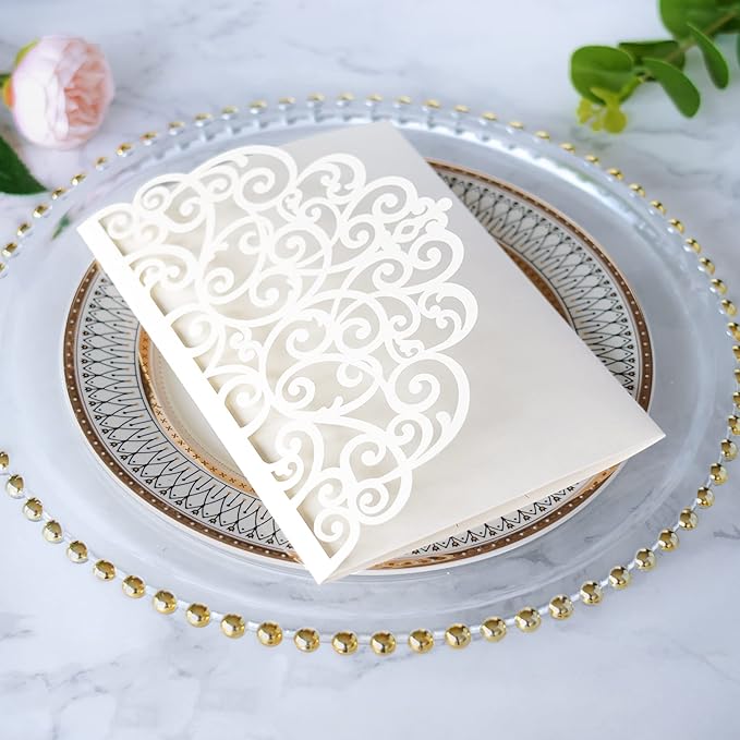 ponatia 5.12 x 7.2 Ivory Laser Cut Wedding Invitations, Trifold Laser Cut Invitation Pockets with Envelopes for Wedding Bridal Shower Engagement Quinceanera Invitations (20PCS No Inner Sheet)