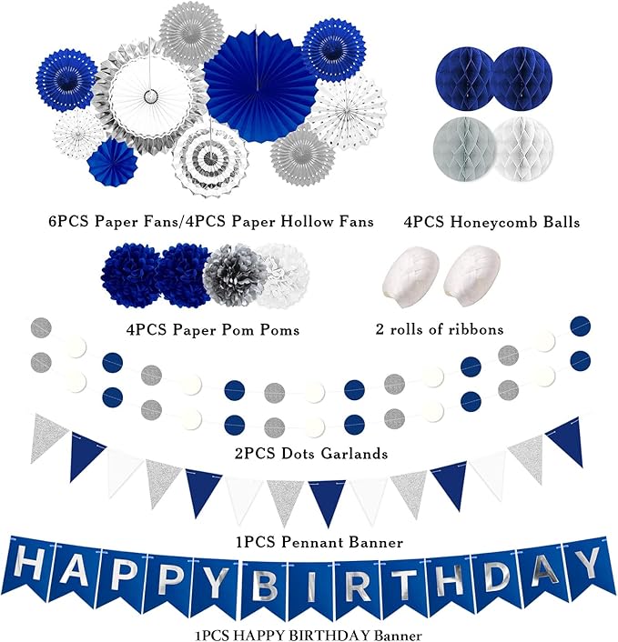 Navy Blue and Silver Happy Birthday Party Decoration 24Pcs Hanging Paper Fans Pom Poms Flowers, Garland String Polka Dot, Happy Birthday Banner for Boy Birthday Baby Shower Blue Birthday Decorations
