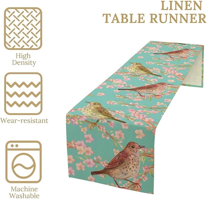 Table Runner with Flowers and Birds, Spring Plant Flowers Table Decoration Linen Table Runner Family Party Party Decorations 13x120 Inches
