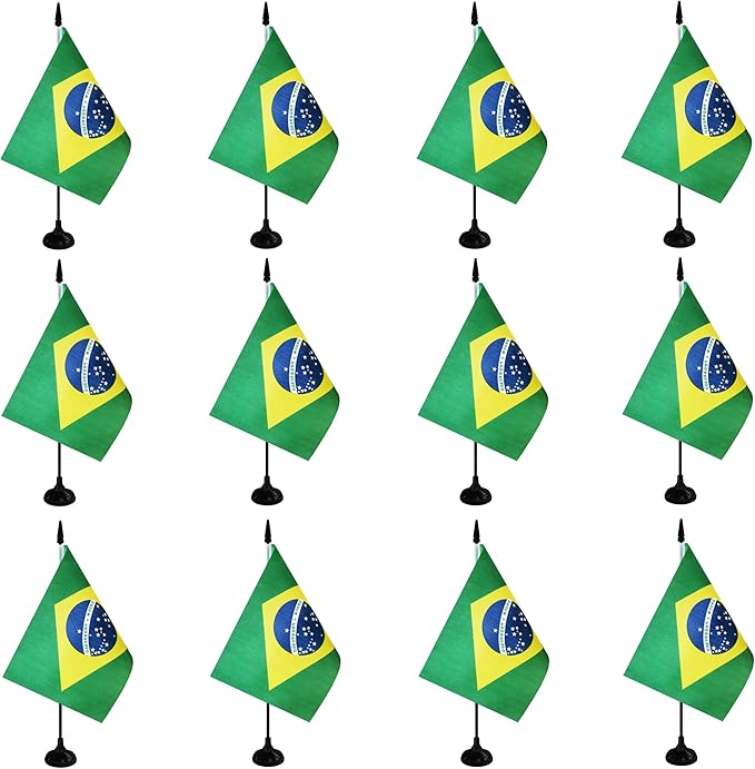 Brazil Desk Flag, 12 Pack Brazilian Table Office Flag with Black Solid Pole and Stand Base, International Country Flag, Festival Celebration, Classroom Meeting Desktop Decor (Brazil)