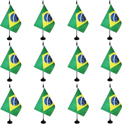 Brazil Desk Flag, 12 Pack Brazilian Table Office Flag with Black Solid Pole and Stand Base, International Country Flag, Festival Celebration, Classroom Meeting Desktop Decor (Brazil)