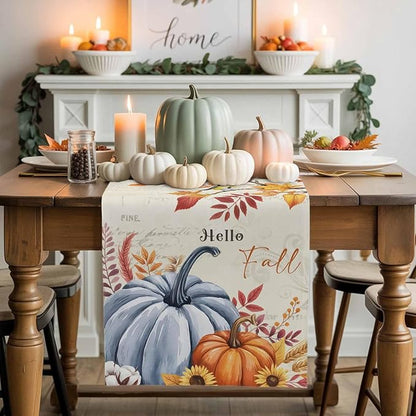 Thanksgiving Fall Cotton Linen Table Runner for Dining Kitchen, Blue Pumpkins Rustic Wedding Outdoor Party Autumn Tablerunners Decoration, Leaves Dresser Scarf Coffee Tablecloth Runners 13x108 Inches
