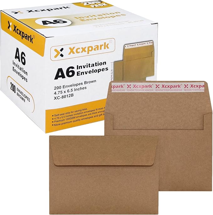 200 Qty Printable A6 Invitation Envelopes 4.75 x 6.5 Cards, Self Seal 120GSM Brown Paper Envelopes for Invitations, Papers, Photos, Documents, Wedding, Baby Shower, Easy to Seal and Peel
