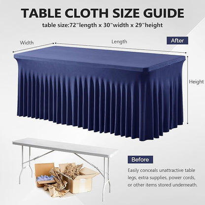6 Pack Navy Blue Stretch Spandex Table Clothes for 6 Foot Rectangle Tables, 6FT Wrinkle Free Fitted Tablecloths Ruffles Design Table Cover for Party, Banquet, Wedding and Events