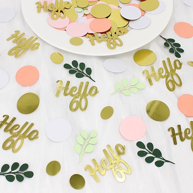 300PC 60TH Birthday Confetti for Table Pink and Sage Green Happy 60TH Birthday Decorations for Woman Dots Hello 60 Confetti Scatters Sixty Party Decor Supplies