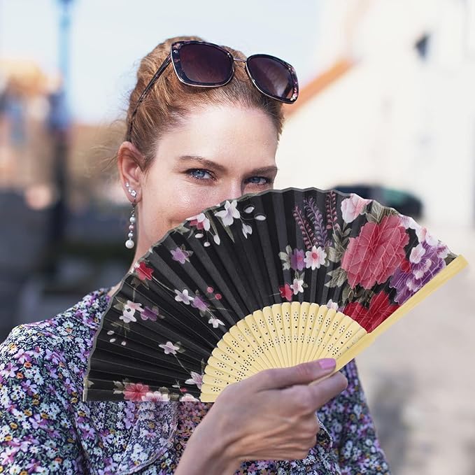 Aodaer 16 Pack Floral Folding Fans Silk Fabric Handheld Fans Vintage Folding Fans for Wedding Dancing Party Favors