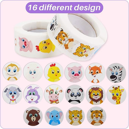1000 PCS Small Cute Animal Stickers for Kids Teachers Classroom Party(1" Diameter / 2 Roll / 16 Designs)