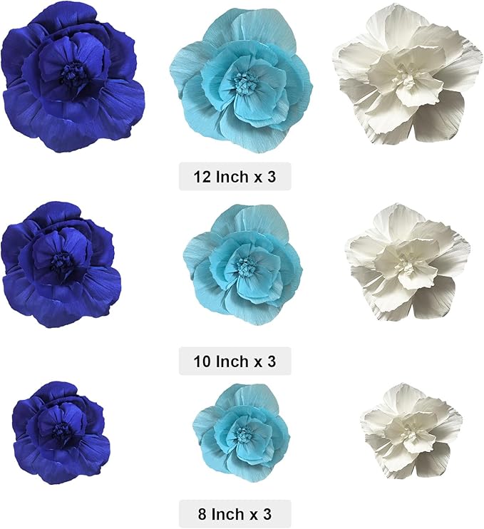 BRT Bearingshui Crepe Paper Flowers Decoration for Wall Total 9 Pcs, Artificial Flowers Backdrop for Wedding Decor Baby Bridal Shower Birthday Party, Navy Light Blue White 3D Wall Flowers Decor