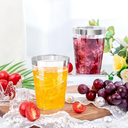 DaYammi 200 Pack Silver Plastic Cups 10 Oz Clear Plastic Cups Silver Rimmed Disposable Wine Glasses Heavy Duty Disposable Tumblers Drinking Cocktail Glasses for Party Wedding