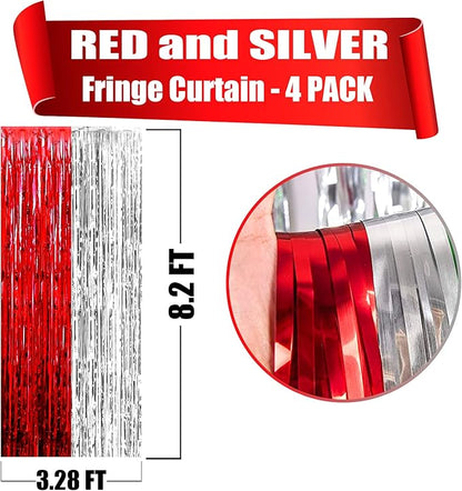 4 Pack Silver Red Foil Fringe Curtain Backdrop, 3.28Ft x 8.2Ft Metallic Tinsel Foil Fringe Streamers Curtains for Photo Booth, Wedding, Circus Welcome Carnival Birthday Party Decoration