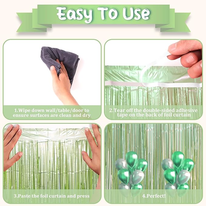 2 Pack Sage Green Foil Fringe Backdrop Curtains, Tinsel Streamers Party Decorations, Fringe Backdrop, Door Shimmer for Baby Shower or Birthday Party