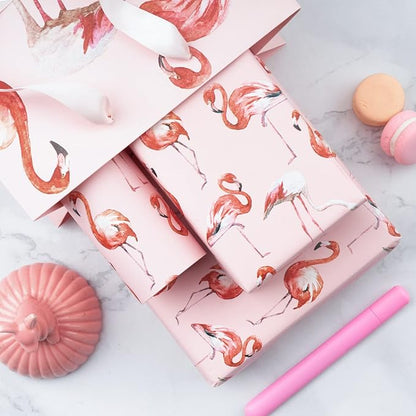 WRAPAHOLIC Reversible Flamingo Wrapping Paper - Mini Roll - 17 Inch X 33 Feet - Pink Flamingo Birthday Wrapping Paper Tropical Hawaii Design for Birthday, Holiday, Wedding, Baby Shower