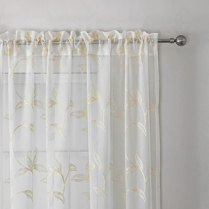 VISIONTEX Sheer Curtains 54 inch Length 2 Panels Set, White Voile Crushed Cream Vine Leaves Embroidery, Rod Pocket Embroidered Window Drapes for Living Room and Bedroom, 54" x 54"