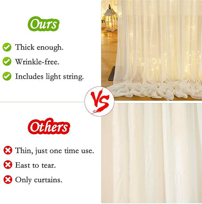 10ft x 10ft Ivory Chiffon Backdrop Curtain with Lights String for Parites Wedding Wrinkle Free Curtain Photo Backdrops Drapes for Baby Shower Birthday Party Home Decorations