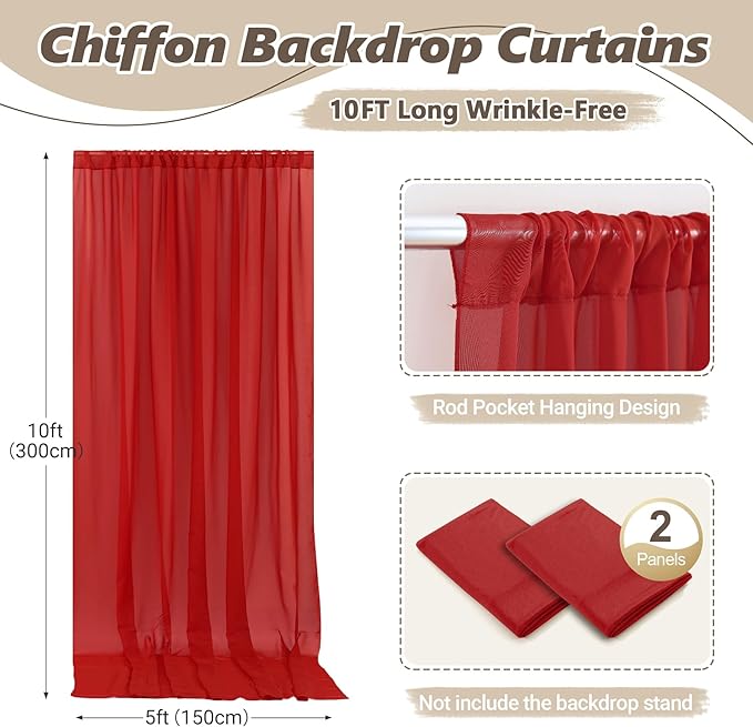 10ft x 10ft Red Backdrop Curtain Drapes, Wrinkle-Free Sheer Chiffon Fabric Photo Backdrop Panels for Wedding Arch Party Ceremony Stage Decoration
