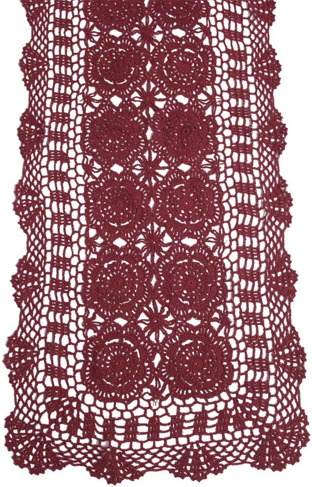 KEPSWET Cotton Handmade Crochet Lace Table Runner Wine Red Rectangle Coffee Table Dresser Decor (14x48 inch)