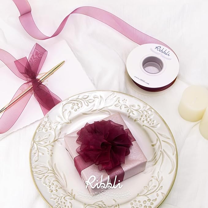 Ribbli Wine Organza Ribbon,1 Inches x Continuous 50 Yard,Wine Red Sheer Ribbon for Gift Wrapping,Cookie Wrapping,Wedding Decoration,All Crafting and Sewing
