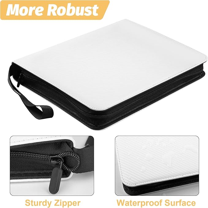4 Pocket Card Binder, Premium Zip Trading Card Binder, 400 Double Sided Pocket PU Card Collection Binder, Collector Card Album, Card Folder for MTG, TCG, Sports Cards, Game Cards (White)