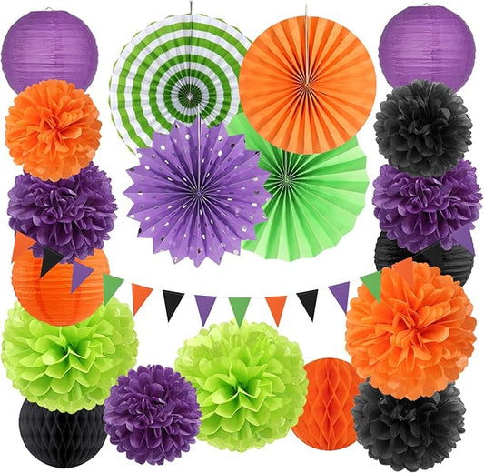 Black Purple Orange-Green Halloween Party-Decorations - 20pcs Paper Lanterns Fans,Tissue Pom Poms,Honeycomb Balls,Hotel Transylvania Hocus Pocus Birthday Baby Bridal Shower Wedding Decor Burgleda