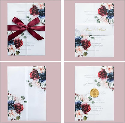 PONATIA 50 PCS 135gsm Vellum Jackets for 5x7 Invitation Cards - Burgundy and Navy Blue Flowers Printed Vellum Sleeves, Wedding Invitation Cards Wraps, Transparent Christmas Gift Cards Jackets