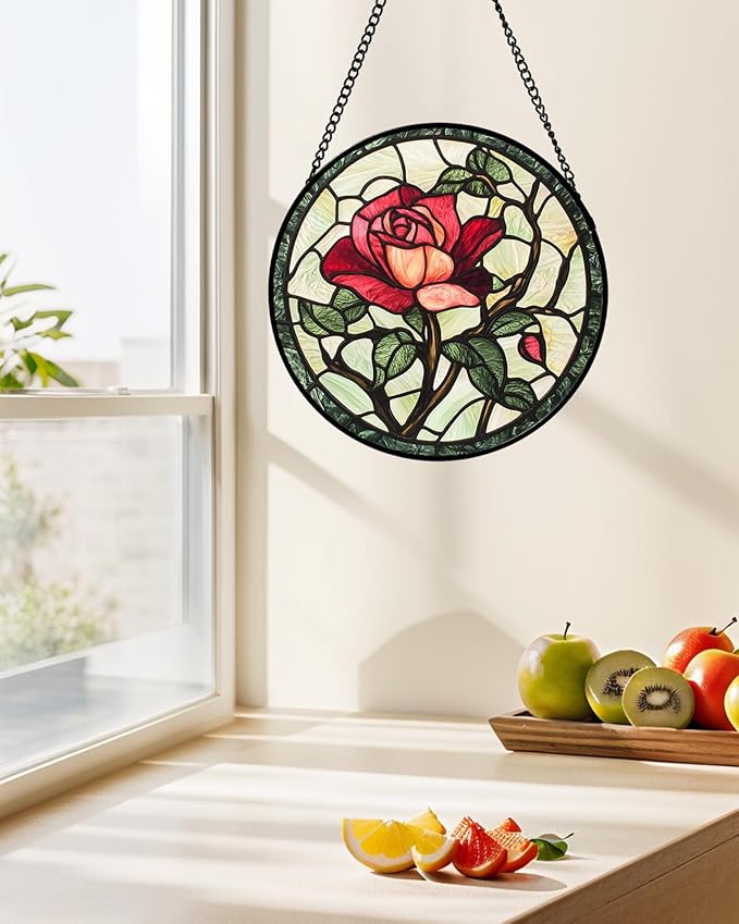 Stained Glass Window Hanging, Red Rose Flowers Sun Catcher for Door Garden Home Decor Suncatcher Christmas Mother's Day Birthday Gifts for Women Lovers Men Wife Girlfriend Mom Nana 15 in
