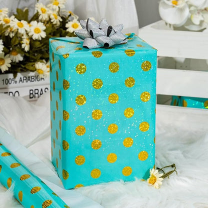 Burymento Blue Holographic Dots Wrapping Paper, Reversible Gold Gift Wrap for Birthday, Valentines, Mothers day, Graduation, Wedding, Fathers day, Baby Shower, Christmas (17in x 16.4ft)