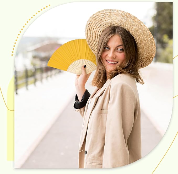JOHOUSE 12 Pcs Foldable Hand Fan, 8.3 Inch Yellow Paper Fans for Lemon Party Decorations, Wedding, Baby Shower DIY Crafts Photography Props