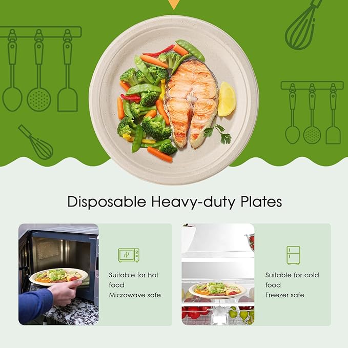 ECOLipak 100% Compostable 10 Inch Paper Plates, 125 Pack Heavy Duty Disposable Biodegradable Eco-friendly Sugarcane Bagasse Plates for Dinner Party