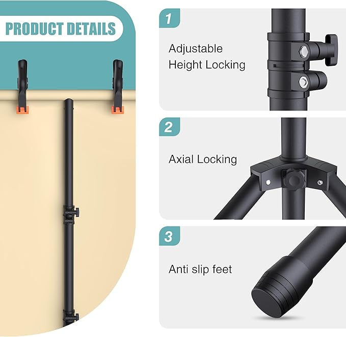 T-Shape Backdrop Stand 8x5.3FT, Height and Width Adjustable Background Stand for Parties,Green Screen Holder with 6 Spring Clamps