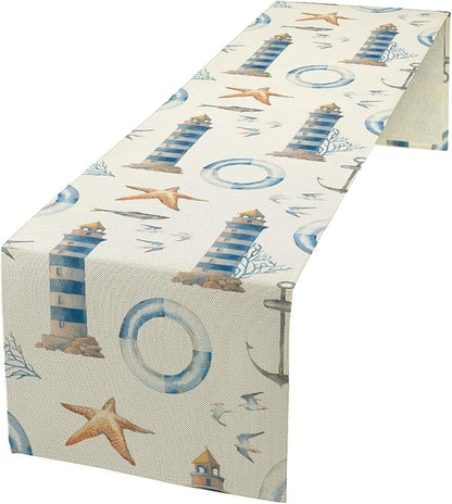 Blue Beach Table Runner, Tropical Ocean Coast Table Runner, Seashell Seasonal Nautical Restaurant Coffee Table Decorations for Home Holiday Party Indoor Outdoor 13x108 Inch