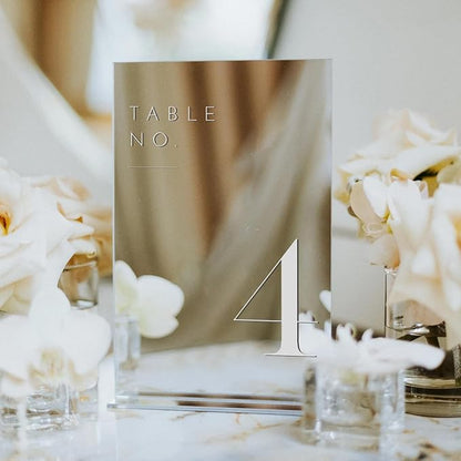 JINMURY Sliver Wedding Table Numbers 1-20 with Stands, 5"x7" Sliver Mirror Acrylic Table Numbers for Wedding Reception (Sliver Mirror White Font, Number 1-20, 5"x7")
