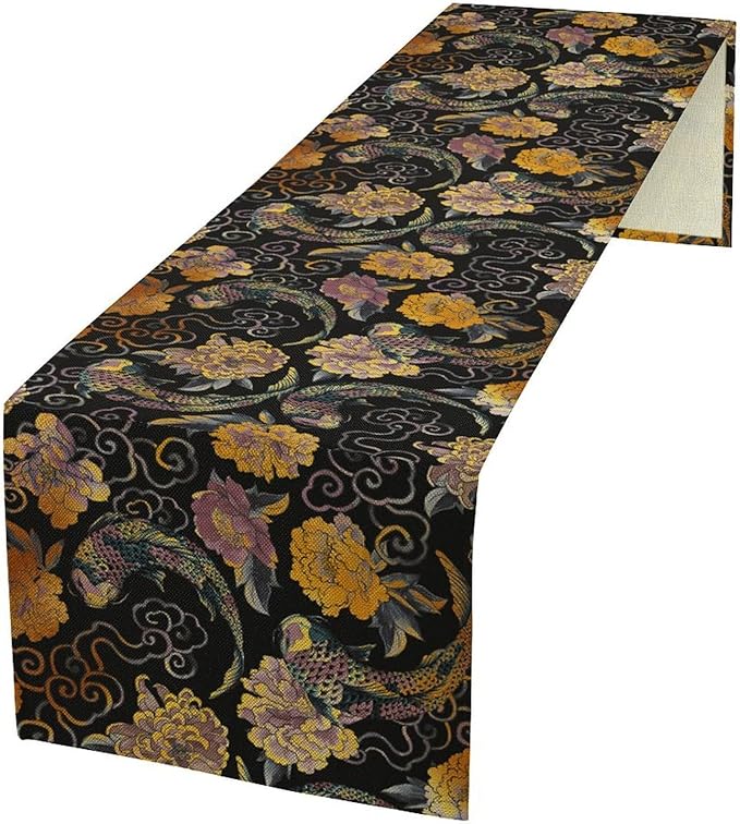 Japanese Table Runner Retro Flowers Oriental Tradition Kio Fish Art Printed Burlap Runner Home Kitchen Dining Table Living Room Decor Fabric 1 Panel W13xL120in