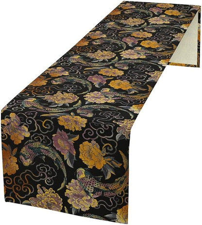 Japanese Table Runner Retro Flowers Oriental Tradition Kio Fish Art Printed Burlap Runner Home Kitchen Dining Table Living Room Decor Fabric 1 Panel W13xL120in