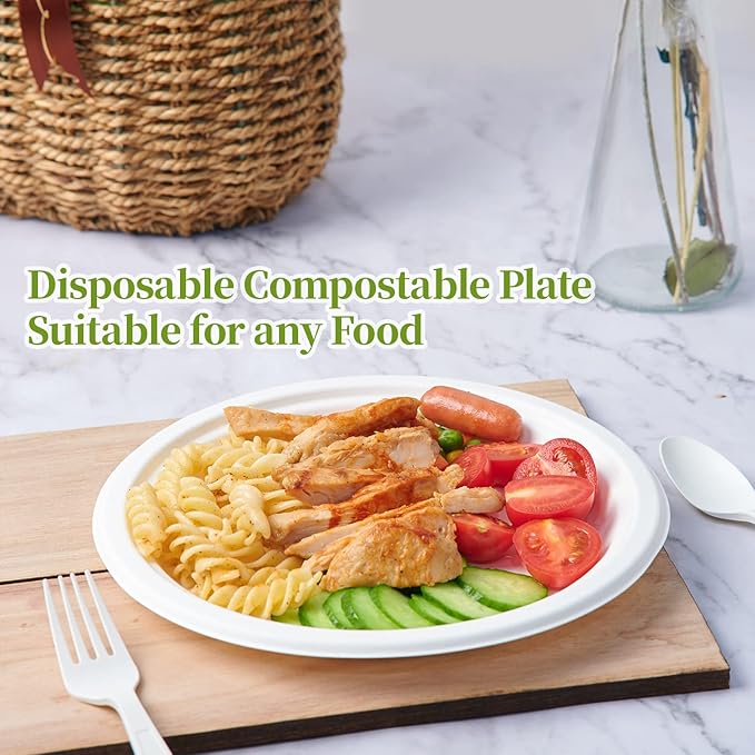 ECOLipak 120 Pack Compostable Paper Plates, 9 inch and 7 inch Heavy Duty Disposable Paper Plates, Eco friendly Sugarcane Biodegradable for Party Dinner Birthday