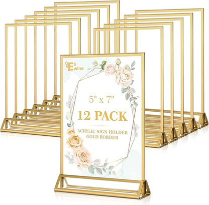EHWINE 12 Pack Acrylic Sign Holder 5 x 7, Double Sided Gold Picture Frame Stand up Table Top Sign Holders, Clear Display Stand Menu Flyer Holder for Wedding Party (Provide Non-slip Mats)