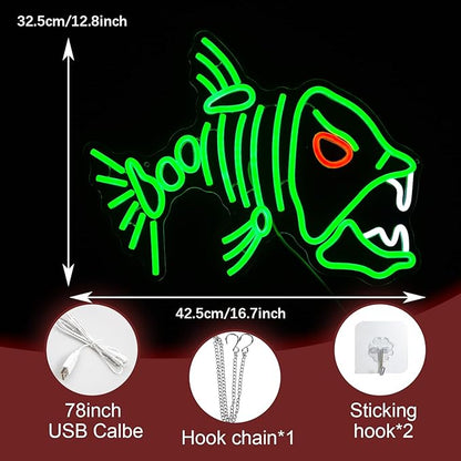 Fish Neon Sign LED Skeleton Fish Neon Light for Wall Decor Dimmable Green Fish Bones Light Up Sign for Living Room Game Room Restaurant Man Cave Art Wall Decoration (16.7 ''*12.8 '')