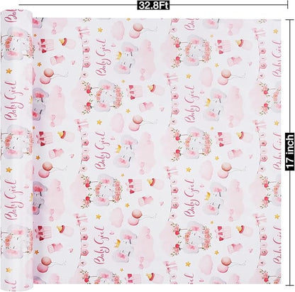 Aimyoo Pink Baby Shower Wrapping Paper Roll - 17 Inch X 32.8 Feet - Cute Elephant with Baby Girl Letter Design Perfect for Girls, Birthday, Party