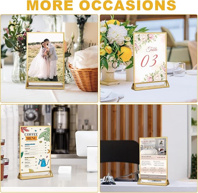 EHWINE 2 Pack Acrylic Sign Holder 4 x 6, Double Sided Gold Picture Frame Stand up Table Top Sign Holders, Clear Display Stand Menu Flyer Holder for Wedding Party