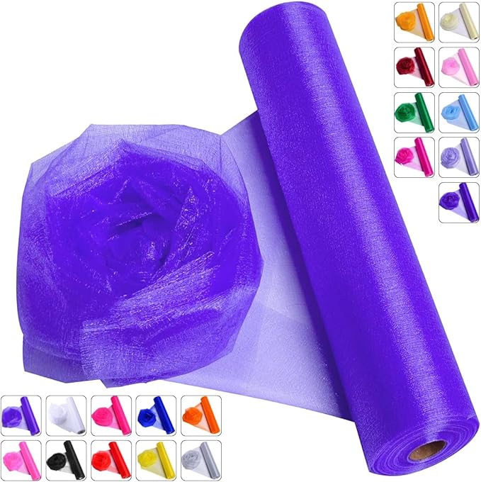Crystal Organza Fabric Tulle - 16" by 50 Yards Sheer Fabric for Wedding Party Decoration Bridal Shower Tutu Roll Netting Spool Ribbon Wrapping (Purple)