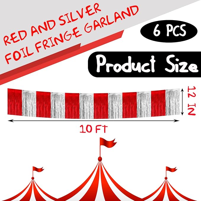 6 Pack 10 Feet Red Silver Foil Fringe Garland Metallic Tinsel Streamers Banner Wall Hanging Curtain Backdrop Banner for Parade Floats, Thanksgiving, Christmas, Birthday, Halloween Party Decorations