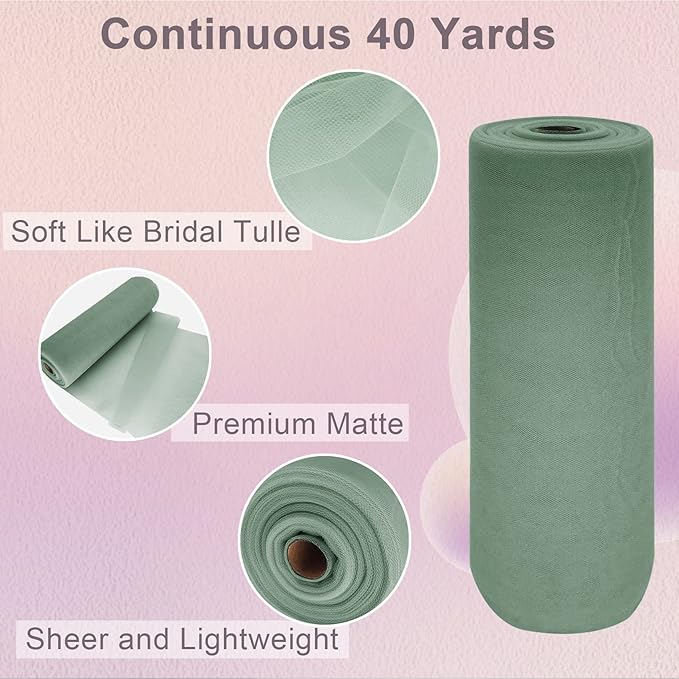 Sage Green Tulle Fabric Roll Spool Bolt (54 Inch by 40 Yards) Large Tulle Wedding Party Decoration, Tutu Skirt, Table Runner, Gift Wrapping, Bridal Shower, Soft & Drape (Sage Green)