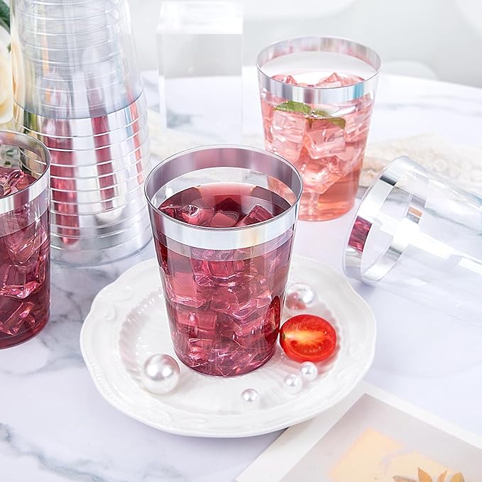 DaYammi 200 Pack Silver Plastic Cups 10 Oz Clear Plastic Cups Silver Rimmed Disposable Wine Glasses Heavy Duty Disposable Tumblers Drinking Cocktail Glasses for Party Wedding